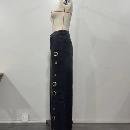 Jeans da Donna a Gamba Larga, Vita Media, con Dettagli Traforati, Effetto Vintage, Stile High Street, Eleganti, da Lavoro, Casual, Pantaloni Dritti