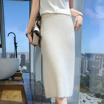 Quality Mink Cashmere Skirt Women's High Waist Slim Hip Skirt Chinese Cheongsam Knit Skirt Fashion All-Match Sweater PlatiNum