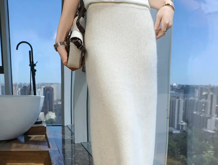 Quality Mink Cashmere Skirt Women's High Waist Slim Hip Skirt Chinese Cheongsam Knit Skirt Fashion All-Match Sweater PlatiNum