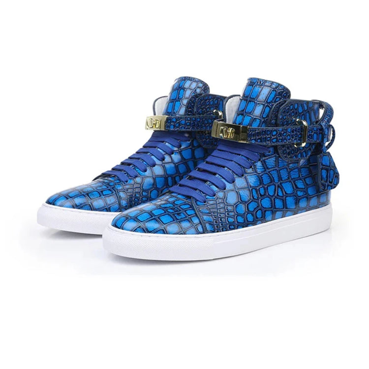 Luxury Designer Men Crocodile Pattern High Top Sneakers Glossy Patent Leather Gold Buckle Lace-up Casual Street Shoes Footwear