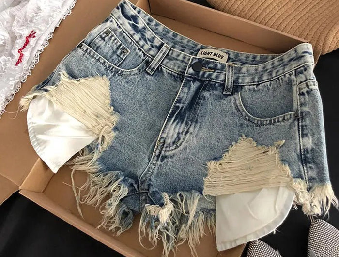 Shorts in Jeans Strappati da Donna, Design Retrò con Tasche e Bordi Sfrangiati, Stile Y2k, Aderenti e Super Corti - platinumshop