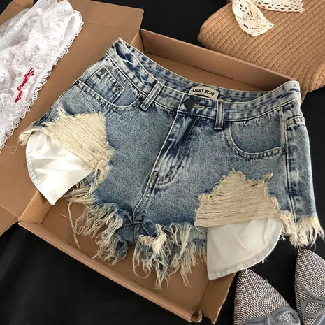 Shorts in Jeans Strappati da Donna, Design Retrò con Tasche e Bordi Sfrangiati, Stile Y2k, Aderenti e Super Corti - platinumshop
