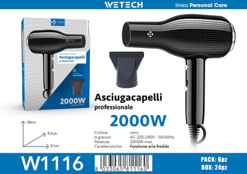 2000W WETECH Professional Hair Dryer AC 220‑240V Cold Air Blow Dryer Lightweight Black Hairdryer for Home Travel Salon Hair Styling