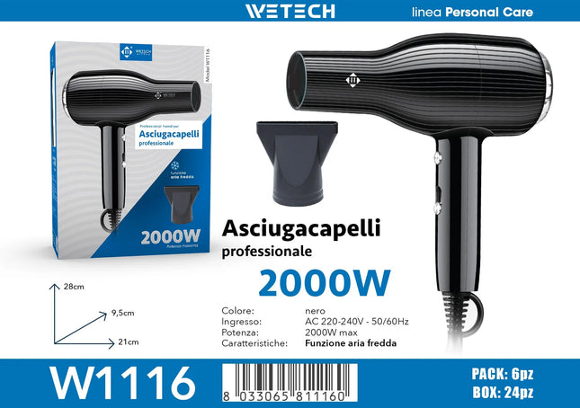 2000W WETECH Professional Hair Dryer AC 220‑240V Cold Air Blow Dryer Lightweight Black Hairdryer for Home Travel Salon Hair Styling