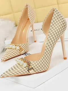 BIGTREE Scarpe 2026 Primavera Donna Pompe Catena di metallo perlato Tacchi alti Grana a quadri Tacchi a spillo Tacchi da donna Scarpe da banchetto di lusso 43