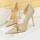 BIGTREE Scarpe 2026 Primavera Donna Pompe Catena di metallo perlato Tacchi alti Grana a quadri Tacchi a spillo Tacchi da donna Scarpe da banchetto di lusso 43 platinumshop