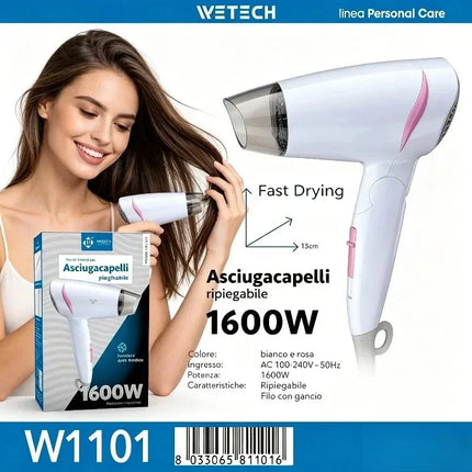 1600W Dual Voltage Hair Dryer Foldable Design 100-240V Portable Travel Hairdryer Hot Cold Air Styling Tool Hotel Use