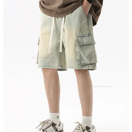 Pantaloncini di jeans alla moda retrò estivi per uomo Jeans corti multitasche larghi con gamba dritta con elastico in vita e coulisse da uomo