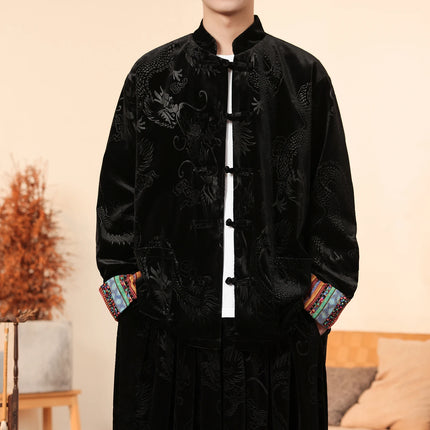 Giacca in velluto da uomo in stile cinese con stampa drago camicie da uomo tradizionale abito Tang Kung Fu Tai Chi camicie casual retrò abbigliamento da uomo