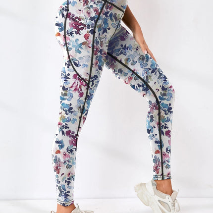 Printed women's high waistband pocket fitness pants paired with tight abdominal yoga pants, suitable for running, hiking, and sp PlatiNum