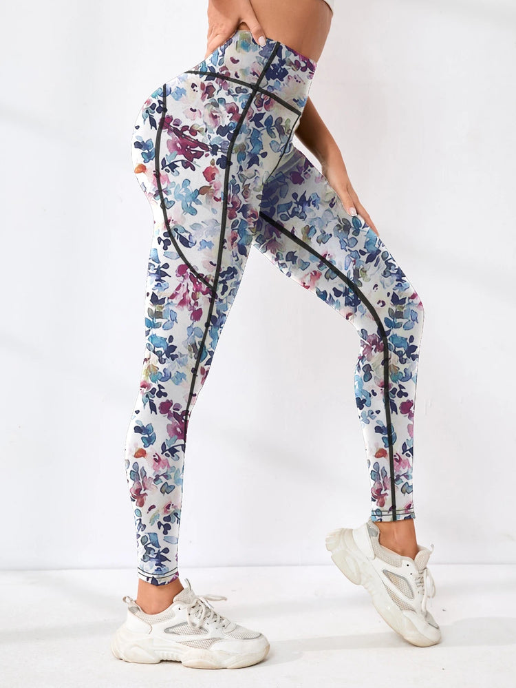 Printed women's high waistband pocket fitness pants paired with tight abdominal yoga pants, suitable for running, hiking, and sp PlatiNum