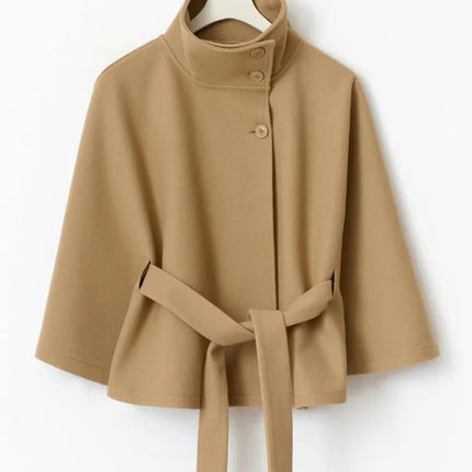 Autumn And Winter New Fashion Solid Color Cloak Stand-up Collar Button Belt Windbreaker Jacket Women's Temperament Commuting Top