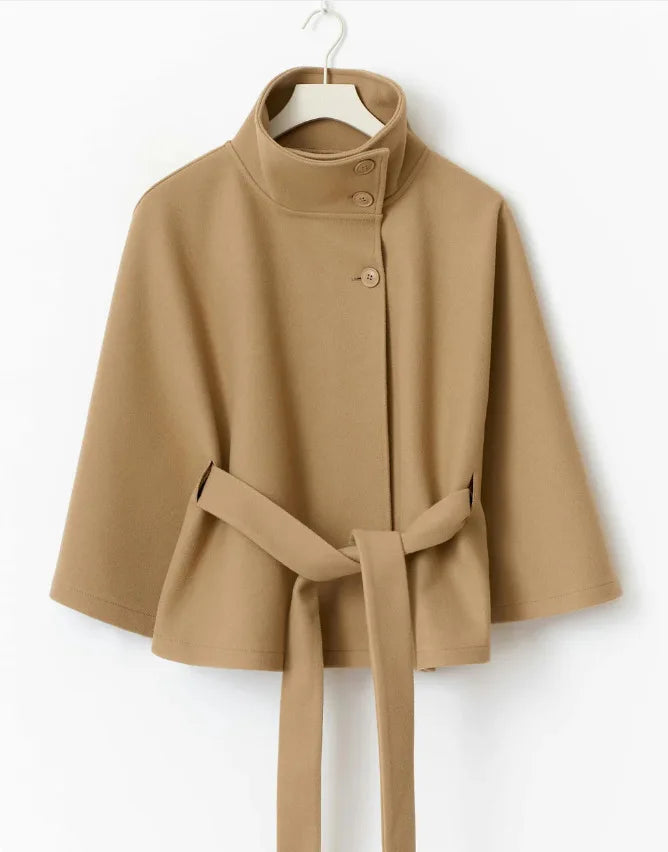 Autumn And Winter New Fashion Solid Color Cloak Stand-up Collar Button Belt Windbreaker Jacket Women's Temperament Commuting Top