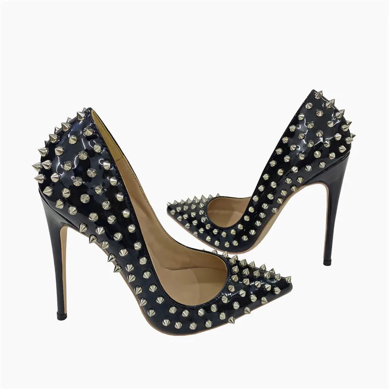 Super Thin Heel 8 10 12CM Sexy All Spikes Rivets Women Pumps Pointed Toe Super High Heels Party Nightclub Fashion Shoes Size 46