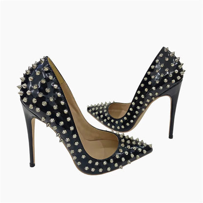 Super Thin Heel 8 10 12CM Sexy All Spikes Rivets Women Pumps Pointed Toe Super High Heels Party Nightclub Fashion Shoes Size 46