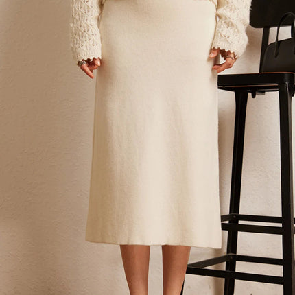 Luxury 100% Cashmere Mid-Calf Pencil Skirt Simple Basic Style Women Solid Color Autumn Winter High Waist Slimming Knitted Skirt PlatiNum