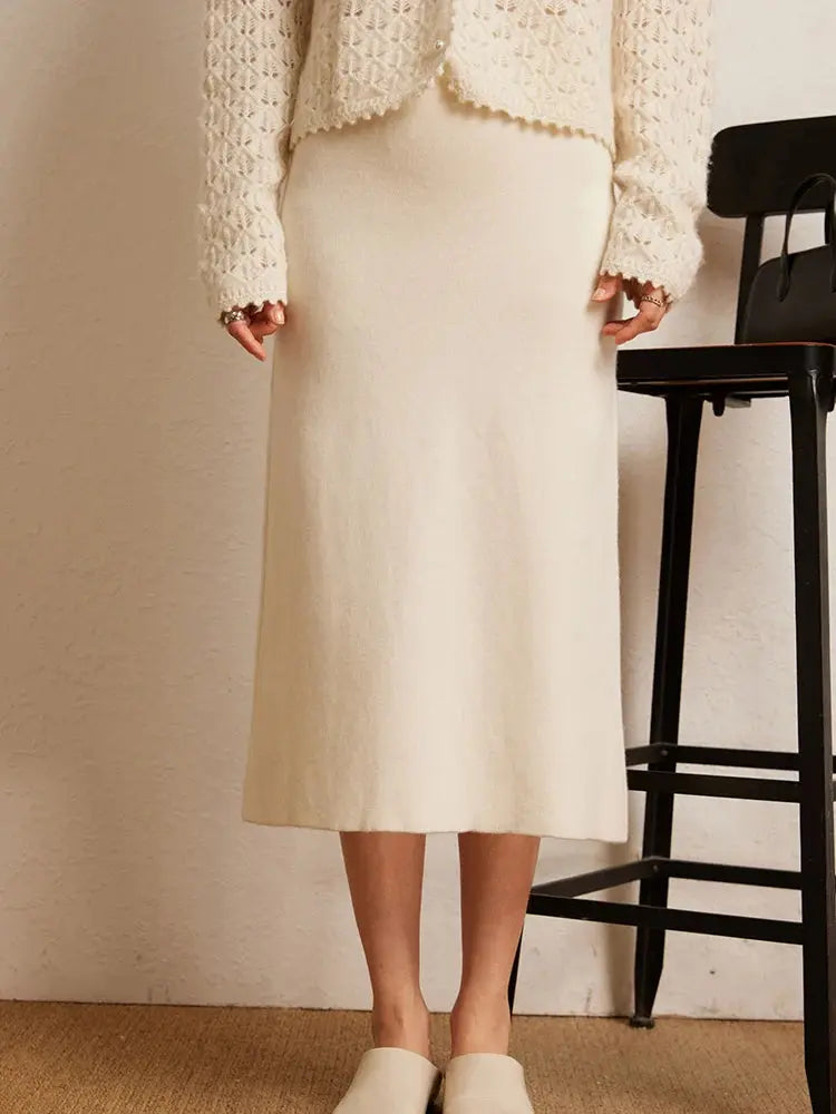 Luxury 100% Cashmere Mid-Calf Pencil Skirt Simple Basic Style Women Solid Color Autumn Winter High Waist Slimming Knitted Skirt PlatiNum