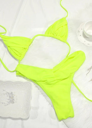 Set Bikini Sexy con Pieghe, Micro Bikini Tinta Unita, Costume da Bagno Femminile a Triangolo, Abbigliamento da Spiaggia platinumshop