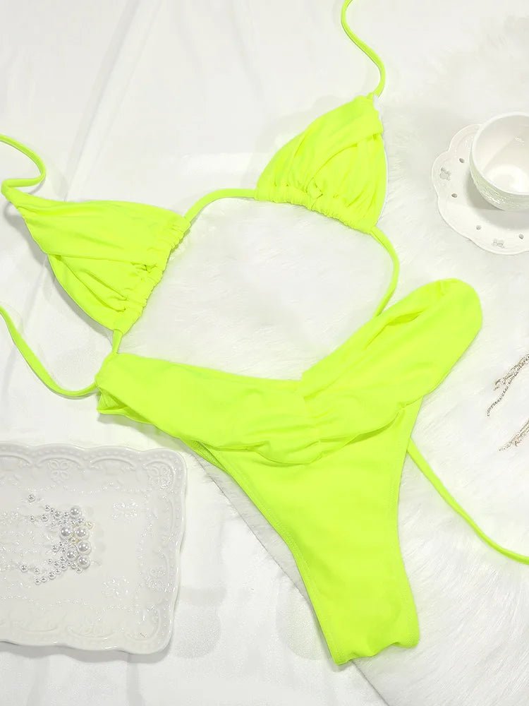 Set Bikini Sexy con Pieghe, Micro Bikini Tinta Unita, Costume da Bagno Femminile a Triangolo, Abbigliamento da Spiaggia platinumshop