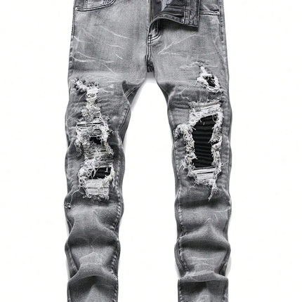 Men‘s Stretchy Denim Jeans Streetwear Tearing Patchwork Holes Ripped Denim Elastic Waist Casual Pants Slim fit Straight Trousers PlatiNum