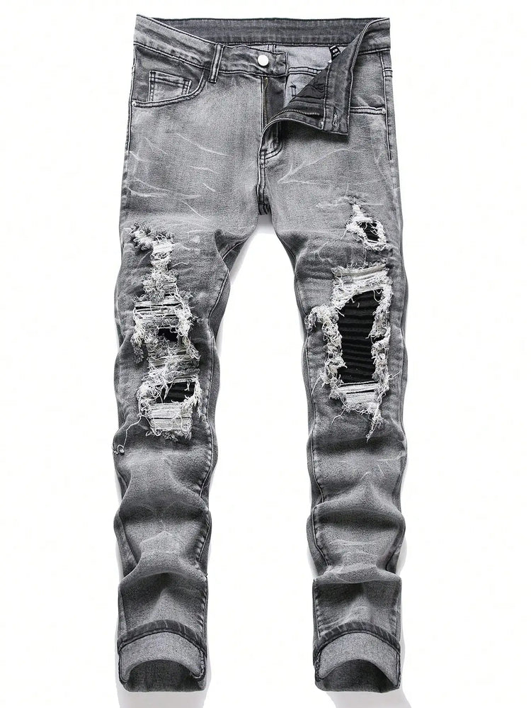 Men‘s Stretchy Denim Jeans Streetwear Tearing Patchwork Holes Ripped Denim Elastic Waist Casual Pants Slim fit Straight Trousers PlatiNum