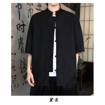Camicie retrò da uomo, estive, eleganti, larghe, casual, leggere, sottili, traspiranti, in stile cinese, vintage, con calligrafia tradizionale.