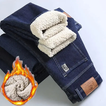 Winter Warm Fleece Jeans Men 2025 Straight Stretch Thick Casual Thermal Denim Pants Male Business Work Trousers New Men Clothing