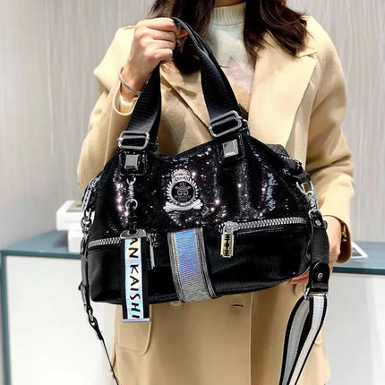 Large Capacity Handbag Female 2024 New Trend High-Grade Fashion Sequins Messenger Bag Luxury Designer Casual Tote Shoulder Bags PlatiNum