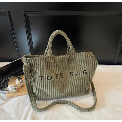 Large Capacity Striped Velvet Handbag Shoulder Bag for Woman Handbags Crossbody Bags, Versatile Letter Corduroy Women's Tote Bag PlatiNum