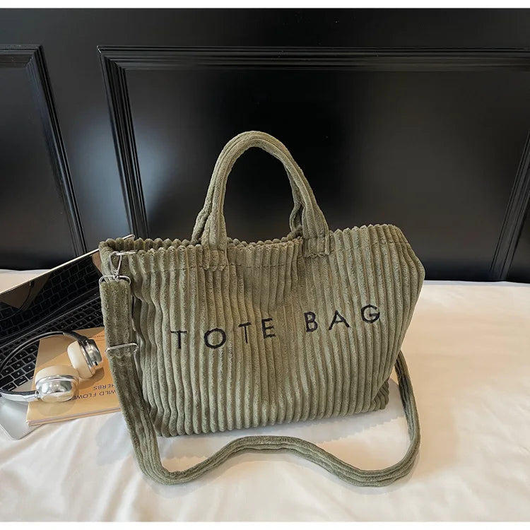 Large Capacity Striped Velvet Handbag Shoulder Bag for Woman Handbags Crossbody Bags, Versatile Letter Corduroy Women's Tote Bag PlatiNum