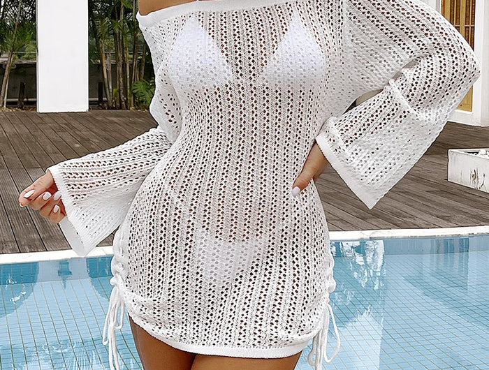 Abbigliamento da spiaggia stile moda Copricostume lavorato a maglia Abito corto scavato sexy Abito grembiule trasparente per vacanze estive da donna platinumshop