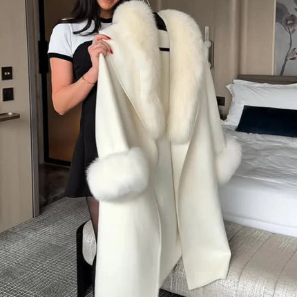 Women's Solid Color Lace Up Fur Collar Woolen Overcoat Bathrobe Style Long Loose Coat Advanced Atmosphere Autumn Winter Overwear