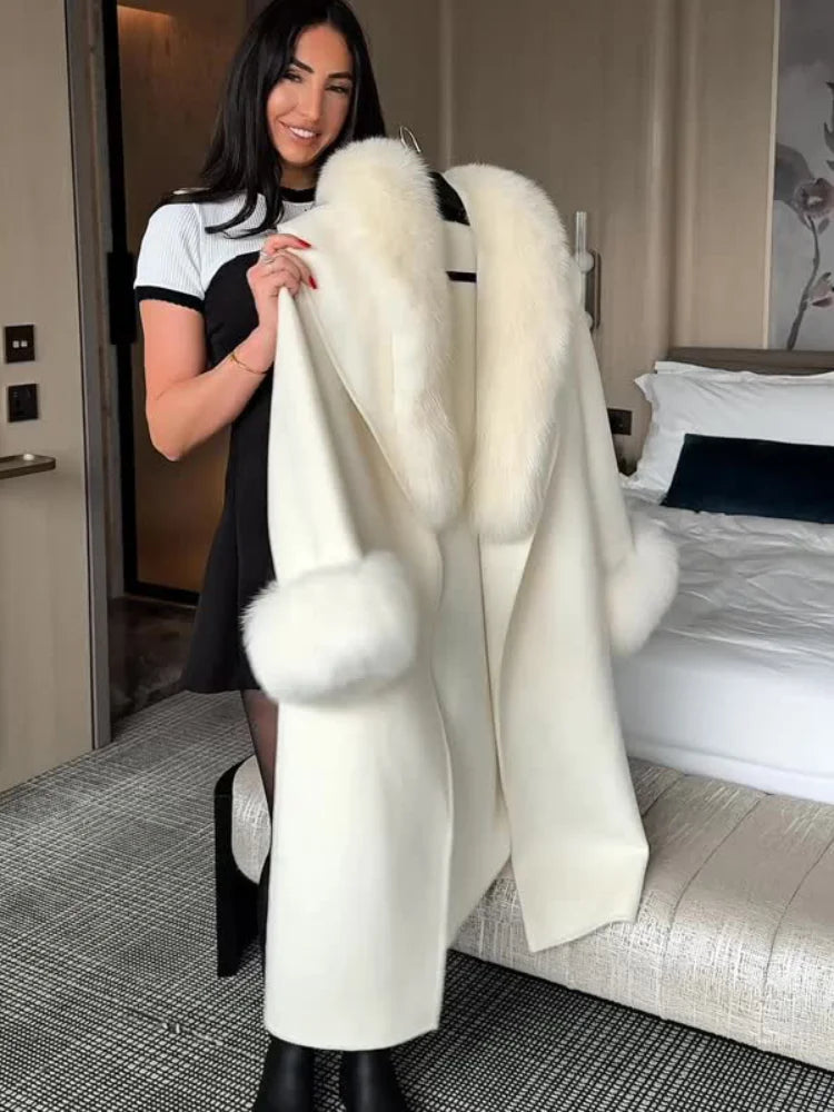 Women's Solid Color Lace Up Fur Collar Woolen Overcoat Bathrobe Style Long Loose Coat Advanced Atmosphere Autumn Winter Overwear