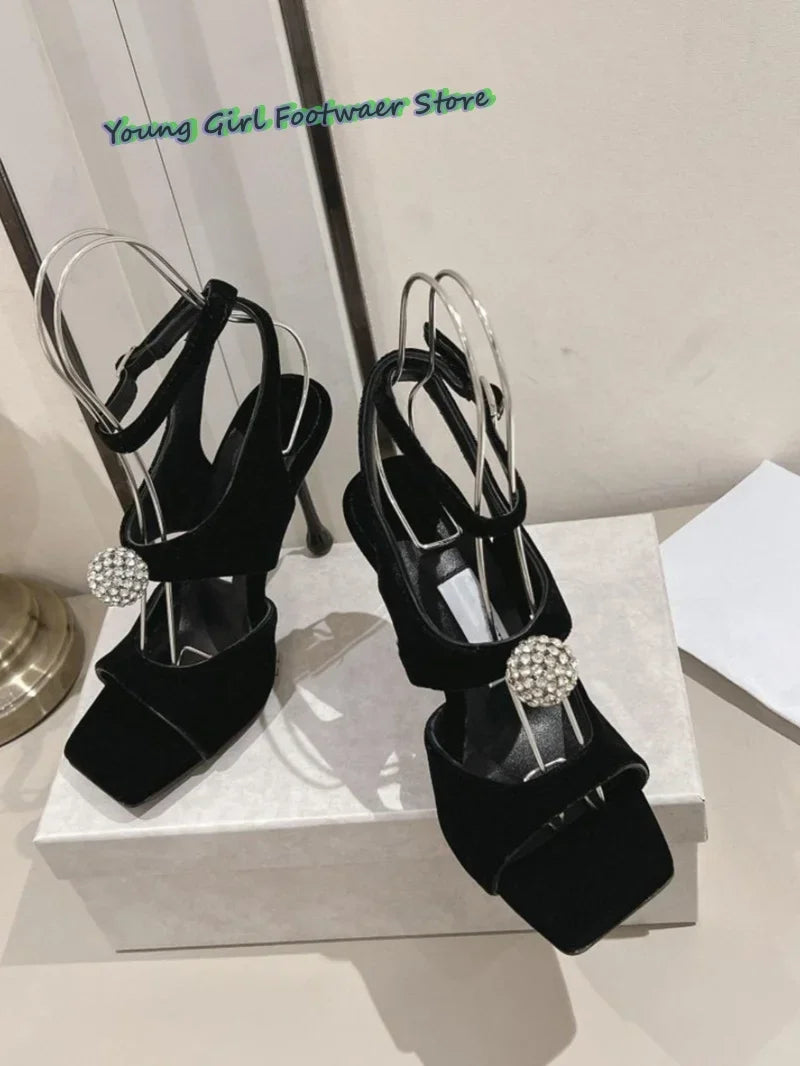 One-Button Rhinestone-Encrusted Sandals Square Head With Exposed Toes Elegant High Heels Burgundy Heels Women's Luxury Sandals