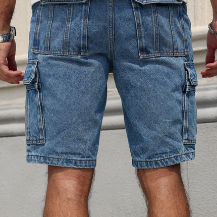 Pantaloncini in denim da lavoro estivi da uomo, stile multitasche blu. Elegante e casual, adatto per streetwear.