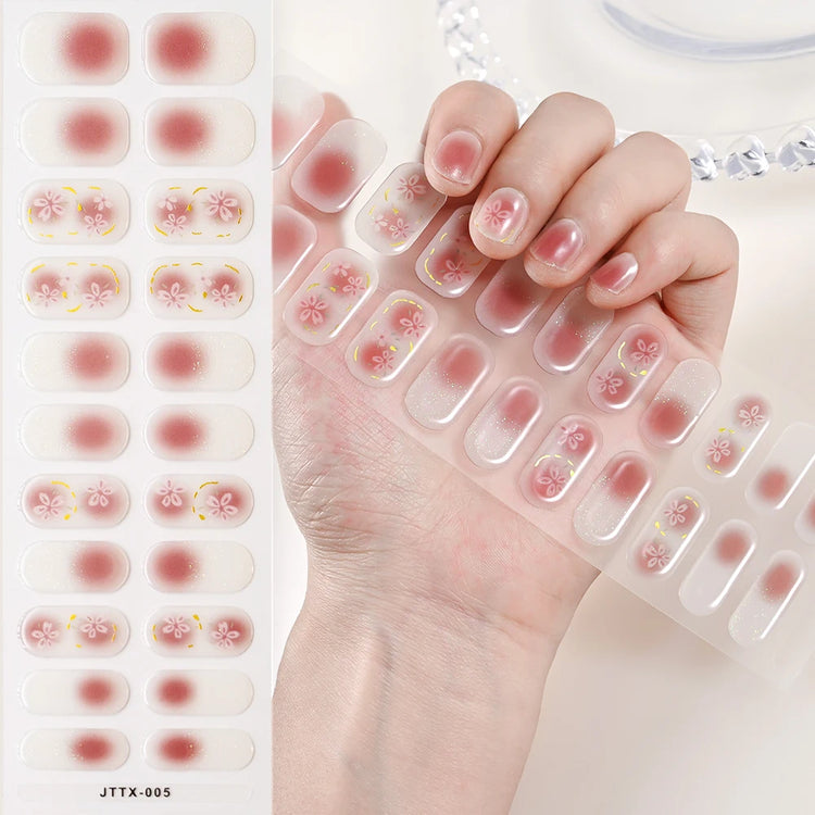 1Sheet Cured Gel Nail Strips Sticker Long-Lasting Nail Polish Strips Wraps Full Cover Gel Nail Art Stickers UV/LED Lamp Required