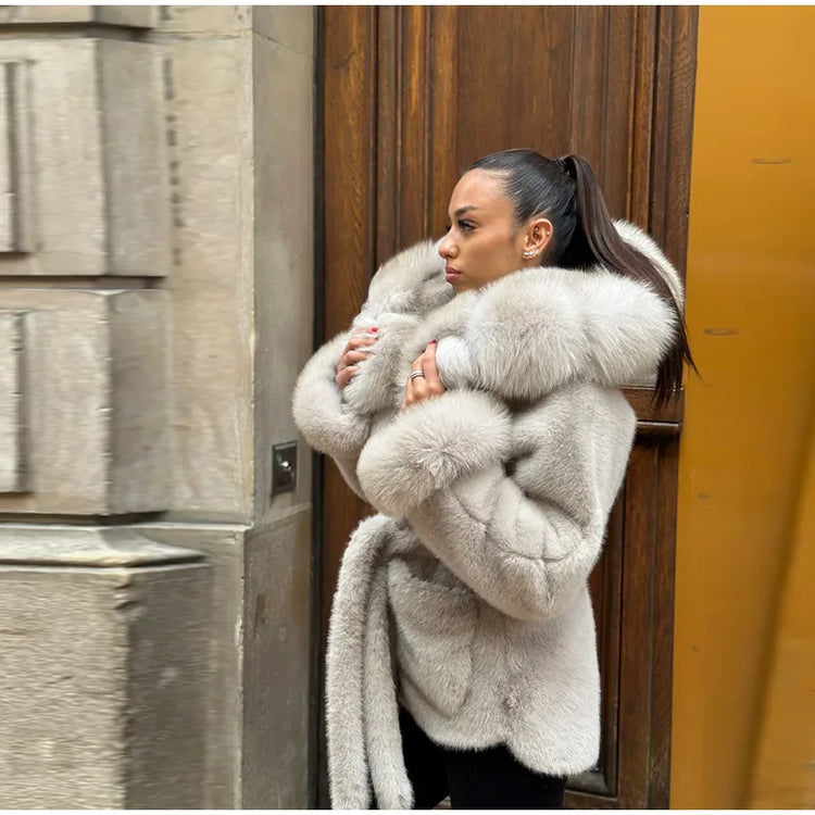 Hoody Faux Fur Furry Coats Women Fashion Belt Long Sleeve Pocket Thicken Warm Jacket 2026 Autumn Winter Urban Lady Streetwears