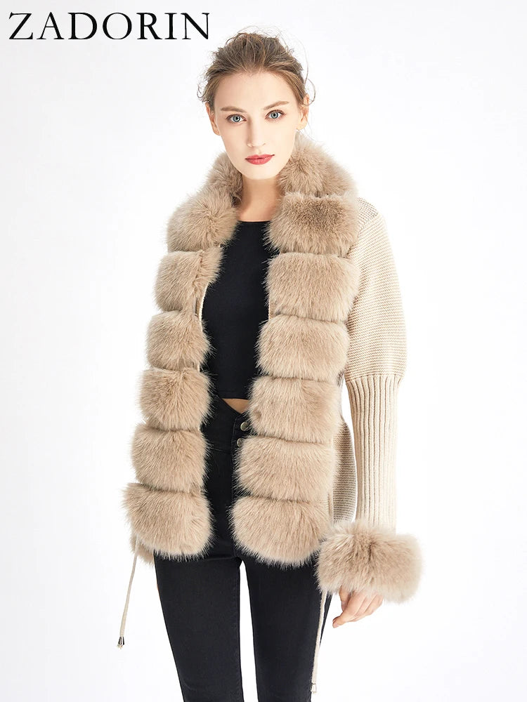 ZADORIN 2026 Chic Fur Cardigan Knitted Sweater Luxury Detachable Faux Fur White Pink Black Sweaters Cardigans Woman Tops Clothes