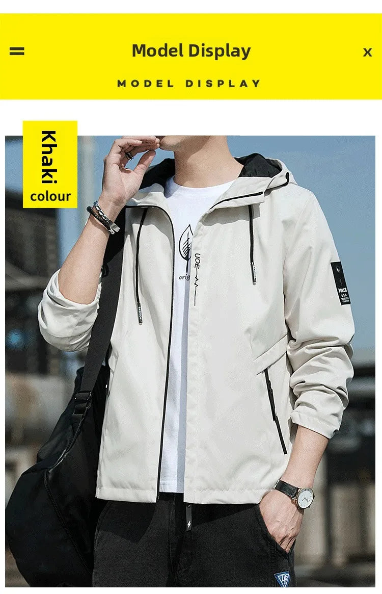 Casual Hooded Men's Jacket Youth Outerwear Spring Autumn New Style Korean Version Anti-Wrinkle Wear-Resistant Windproof Polye...