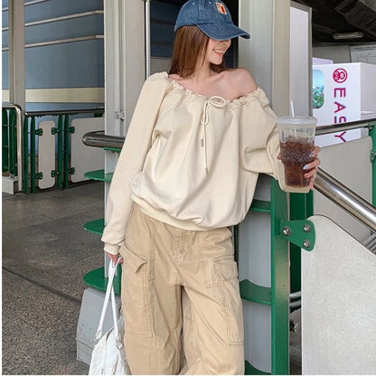 Bandage Pleated Solid Lazy Style Hoodies Sweatshirts Spring Autumn Long Sleeve Loose Fashion Tops Korean Casual Women Clothing