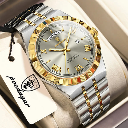 POEDAGAR Fashion Male Clock Luminous Waterproof Week Date Creative Men Watch Stainless Steel Quartz Business Men's Watches Reloj