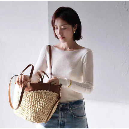 Women's 2-in-1 Woven Straw Bag Underarm Straw Bag with Adjustable Strap Large Capacity Dumpling Shoulder Bag for Summer Beach Bucket Bag
