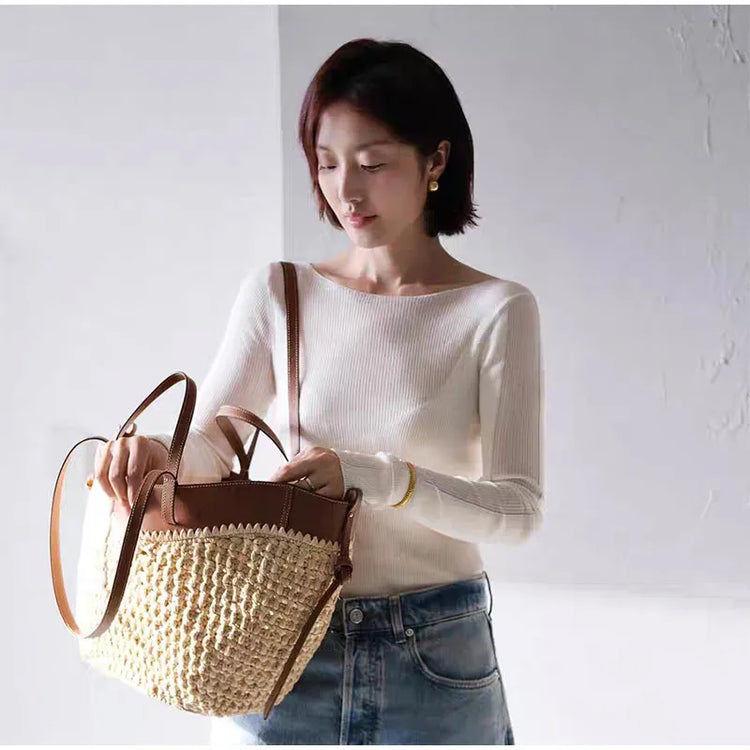 Borsa da donna in paglia intrecciata 2in1 Borsa da ascella in paglia con tracolla regolabile Borsa a tracolla per gnocchi di grande capacità per borsa a secchiello da spiaggia estiva