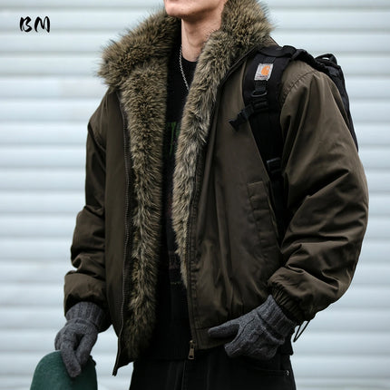 Mens Korean Streetwear Thick Warm Jacket Winter Fleece Lined Fur Collar High Quality Cold Proof Heavyweight Outdoor Thermal Coat