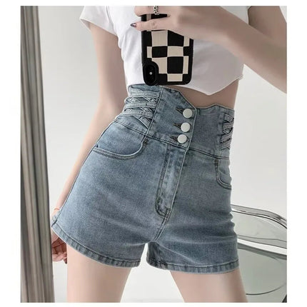 Women's super high waisted denim shorts for summer girls, new black A-line waist cinching slimming design, hot pants PlatiNum