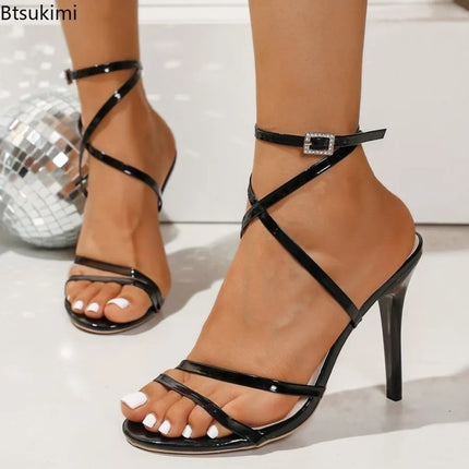 Sexy Stiletto High Heel Gold Sandals Women Plus Size 43 Ankle Wrap High Heeled Sandalias Mujer Fashion Pointed Toe Party Shoes PlatiNum