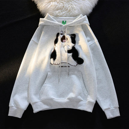 Japanese Kawaii Flock Embroidery Cartoon Cat Patchwork Hoodies Thicken Kangaroo Pocket Baggy Street Sweatshirt All-Matching Top