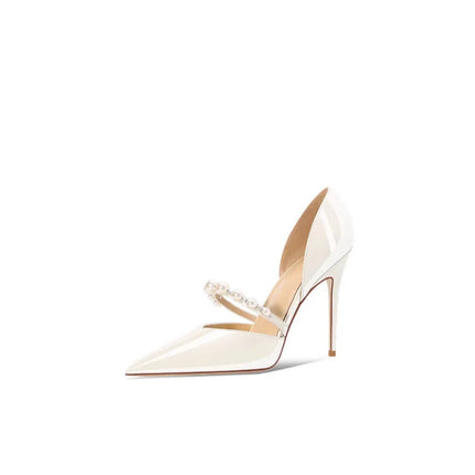 Scarpe da donna con tacco alto a punta Scarpe da sposa bianche francesi in raso con cinturino in strass e perle