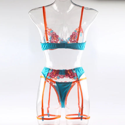 Luxury Embroidery Lingerie Three Piece Sets Sexy Mesh Patchwork See Through Bras And Panties Garter Erotic Intimate Outfits