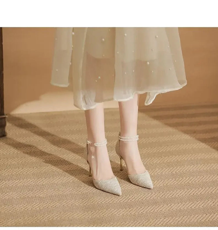 Size 31-43 Women High Heels Stiletto Heel Summer Lace Mesh Sweet Gold Silver Wedding Shoes PlatiNum